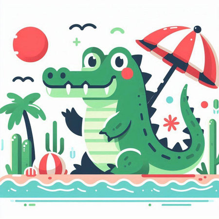Cute crocodile on the beach. Vector illustration in flat styleのイラスト素材