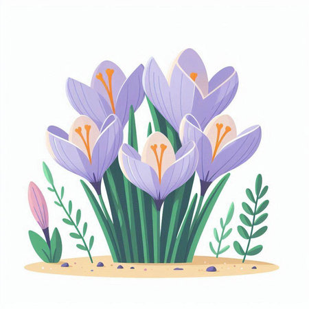 Crocuses in the sand. Spring season. Vector illustration.のイラスト素材