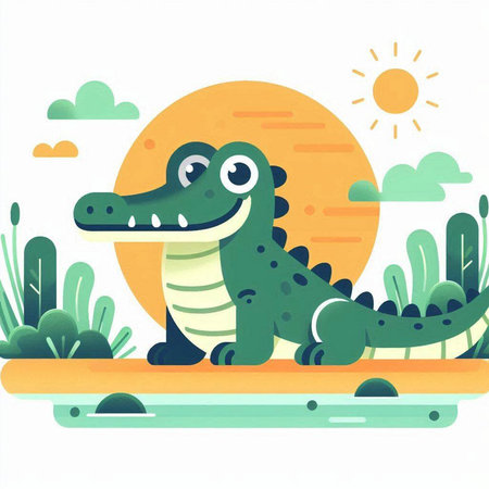 Cute cartoon crocodile in the garden. Vector illustration. Flat style.のイラスト素材