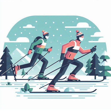Cross-country skiers skiing in the forest. Flat vector illustration.のイラスト素材