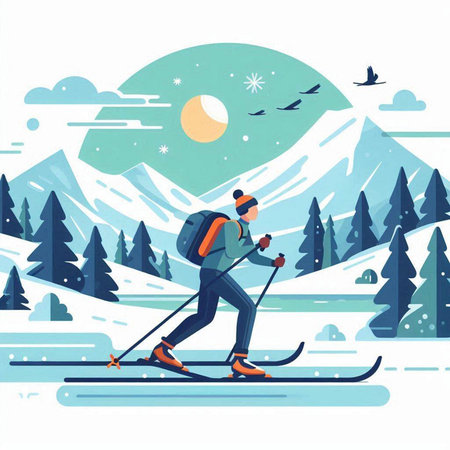 Man skiing in mountains. Winter sport. Vector illustration in flat styleのイラスト素材