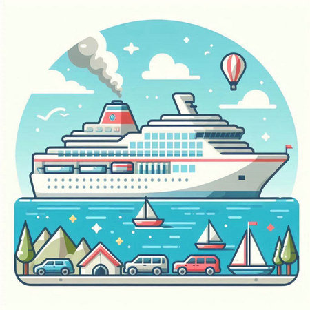 Cruise ship on the sea. Vector illustration in flat style.のイラスト素材