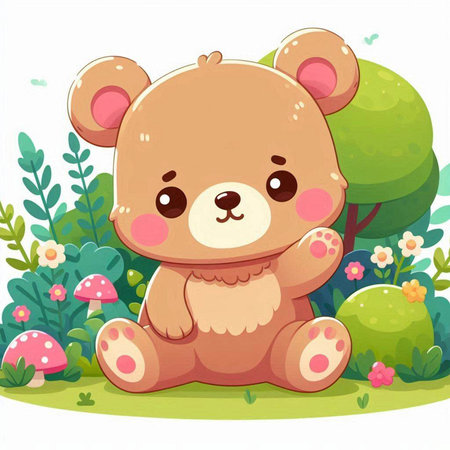 Cute teddy bear sitting in the garden. Vector illustration.のイラスト素材