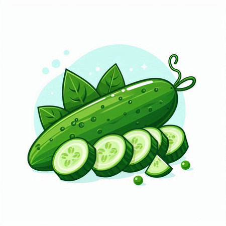 Cucumber with slices and leaves isolated on white background. Vector illustration.のイラスト素材