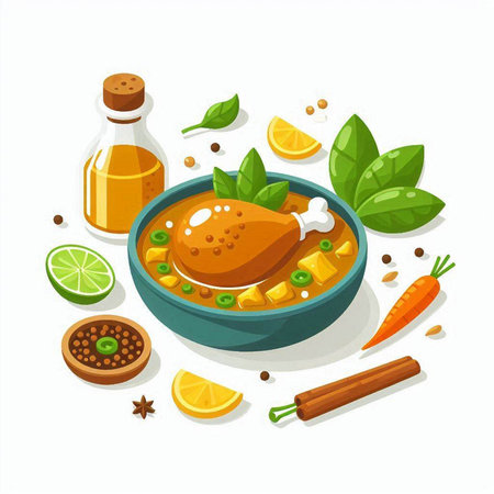 Illustration of a bowl of chicken soup with spices and herbs.のイラスト素材