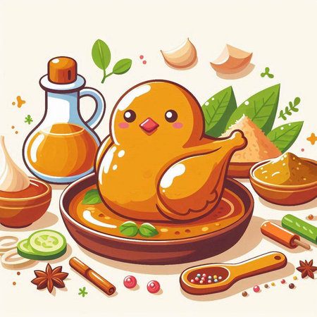 Illustration of a cartoon chicken with ingredients for cooking on a white backgroundのイラスト素材