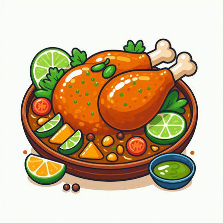 Illustration of a bowl of roasted chicken with lime and parsleyのイラスト素材
