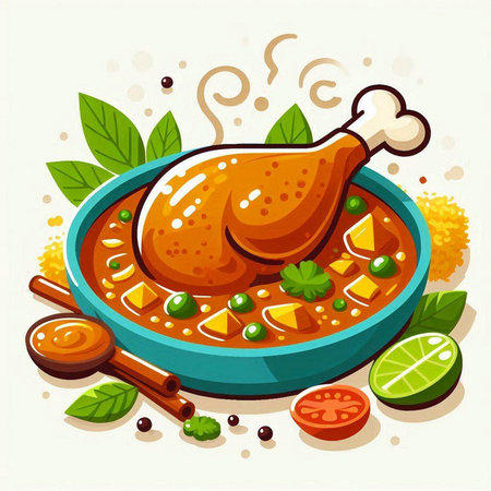 Illustration of a bowl of spicy chicken soup on a white backgroundのイラスト素材