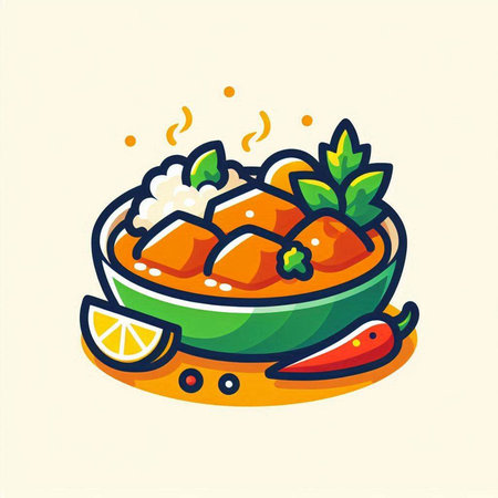 Bowl of rice with chicken and vegetables. Vector illustration in cartoon style.のイラスト素材