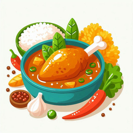 Illustration of a bowl of spicy chicken soup with rice and vegetablesのイラスト素材