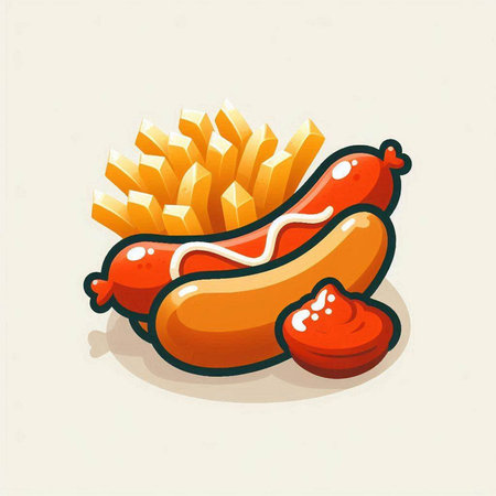Sausage, french fries and ketchup. Vector illustration.のイラスト素材
