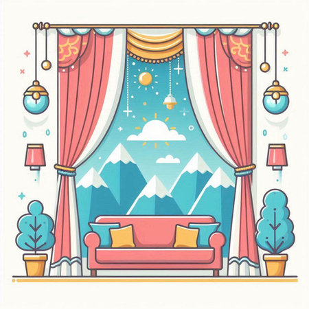 Interior of the room with a sofa and a window with curtains. Vector illustrationのイラスト素材