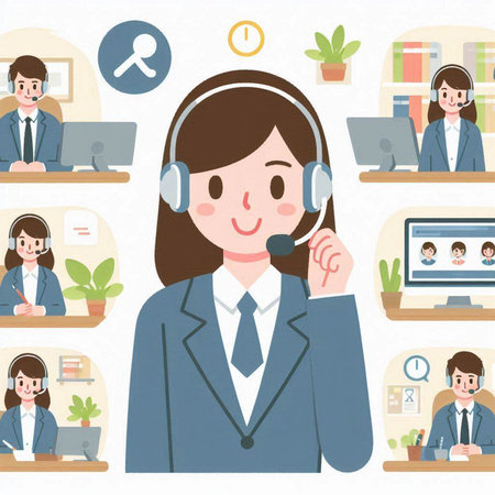 Illustration of a woman wearing a headset in a call center.のイラスト素材