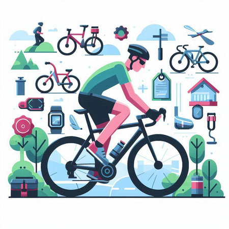 Cyclist riding bicycle in the park. Flat vector illustration.のイラスト素材