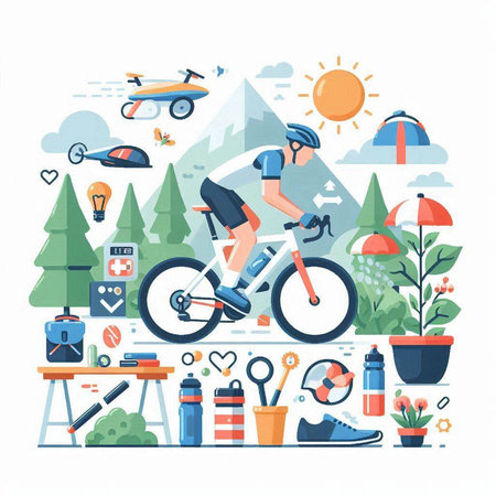 Cyclist flat vector concept. Cyclist in helmet riding bicycle on mountain trail. Bicyclist in outdoor activity, healthy lifestyle.のイラスト素材