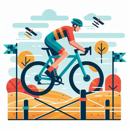 Cyclist riding bicycle on road. Flat vector illustration. Bike race, cycling competition concept for banner, website design or landing web pageのイラスト素材