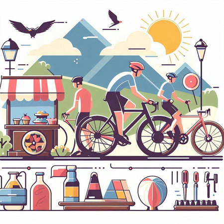 Bicyclists and street food. Vector illustration in flat styleのイラスト素材