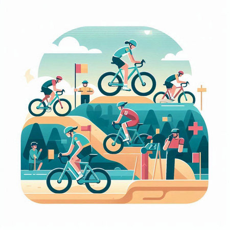 Bicyclists riding their bikes on the road. Flat vector illustration.のイラスト素材