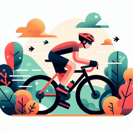 Cyclist riding bicycle in the autumn park, flat vector illustration.のイラスト素材
