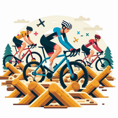 Bicyclists on the background of wooden fence. Flat vector illustration.のイラスト素材