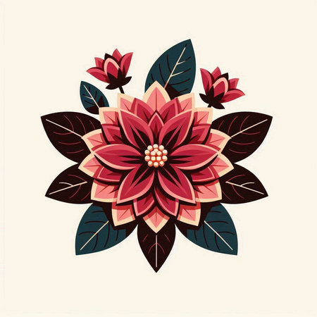 vector illustration of a stylized red dahlia flower with leavesのイラスト素材