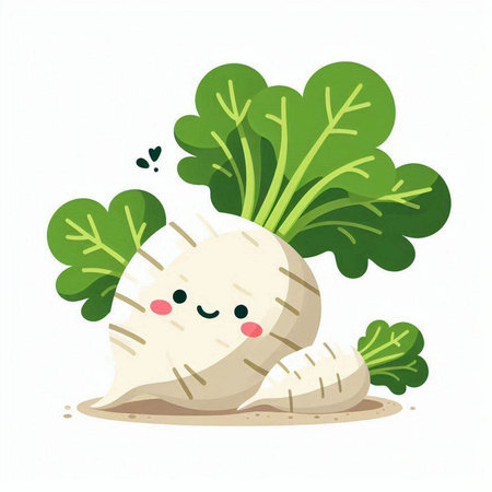 Illustration of a cute white radish with green leaves on a white backgroundのイラスト素材