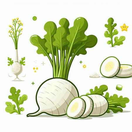 Radish with green leaves on a white background. Vector illustration.のイラスト素材