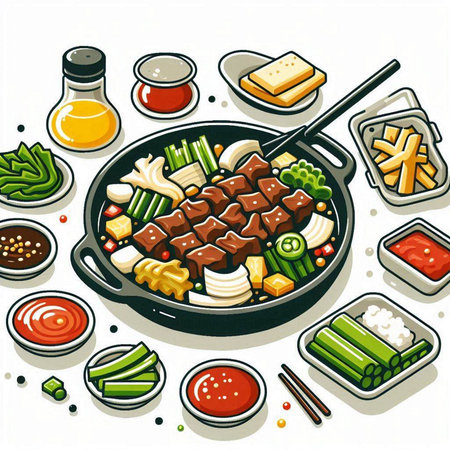 Illustration of japanese hot pot with meat and vegetables.のイラスト素材