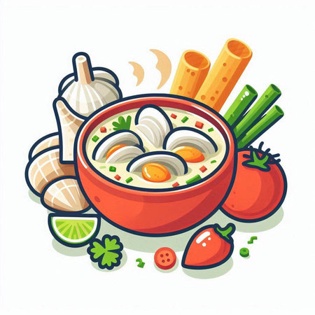 Illustration of a bowl of chinese soup with ingredients on a white backgroundのイラスト素材