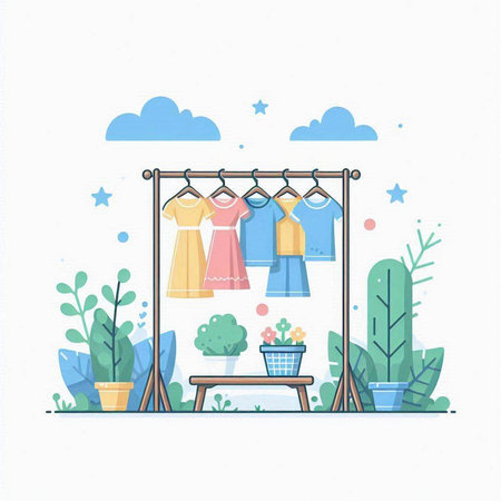 Clothes hanging on the rack in the garden. Vector illustration.のイラスト素材