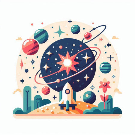 Astronomy flat vector illustration. Planets, stars, comets, planets, solar system in cosmos. Astronomy concept for banner, website design or landing web pageのイラスト素材