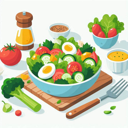 Vegetable salad in a bowl. Vector illustration in cartoon style.のイラスト素材