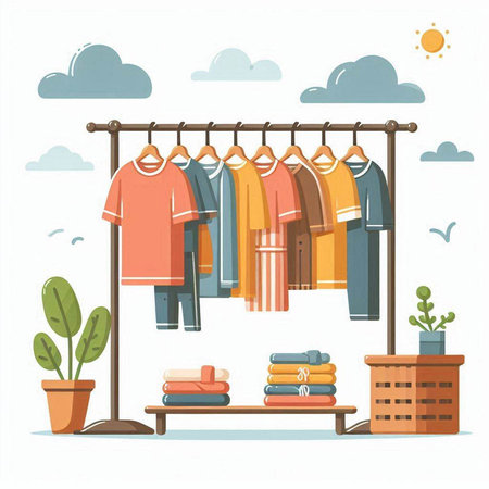 Clothes hanging on the hanger. Vector illustration in flat styleのイラスト素材