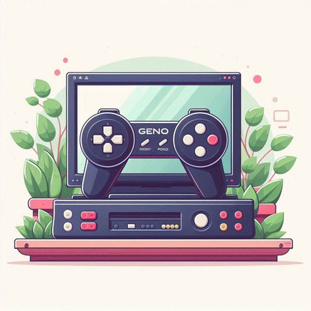Retro video game console on the table. Flat style vector illustration.のイラスト素材