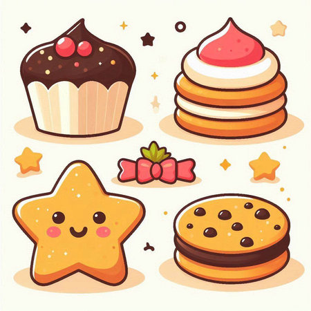 Cute cartoon vector illustration of a set of different types of cakes.のイラスト素材