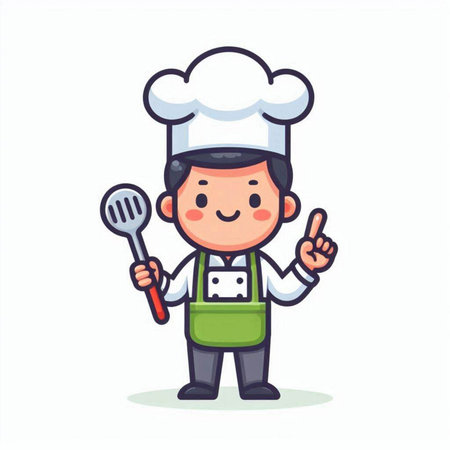 Cute Cartoon Chef Character Cooking with Spoon and Fork. Vector Illustrationのイラスト素材