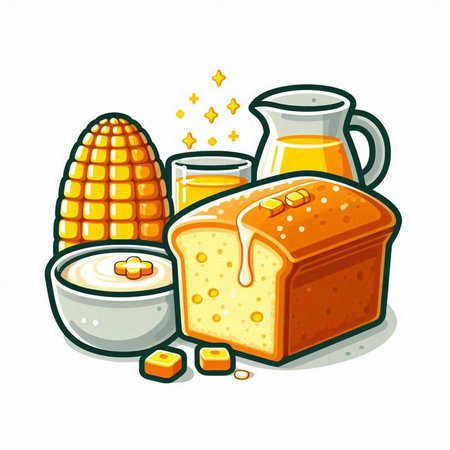 Illustration of a piece of bread with butter, milk and cornのイラスト素材