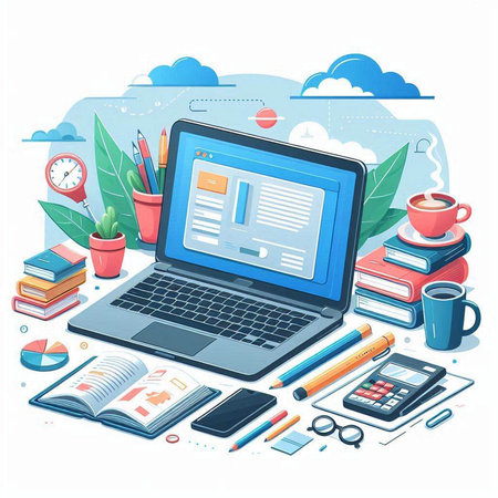 Flat design illustration of laptop, books, office supplies and coffee cup. Online education concept.のイラスト素材