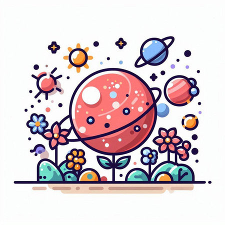 Cute cartoon illustration of planets and flowers. Vector colorful illustration.のイラスト素材