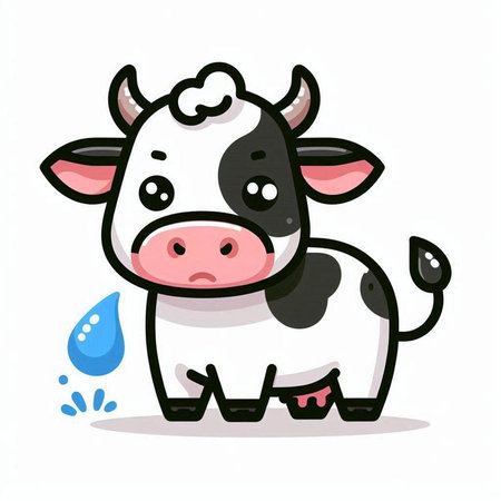 Cute cartoon cow with water drop on white background. Vector illustration.のイラスト素材