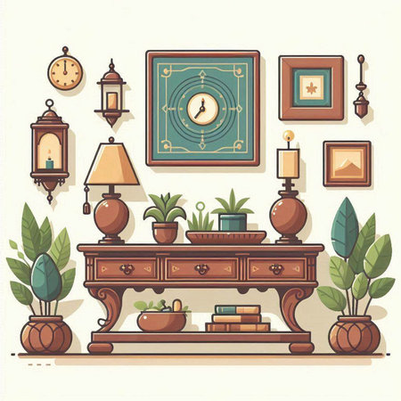 Vector illustration of a vintage cabinet with books, lamps and plants.のイラスト素材