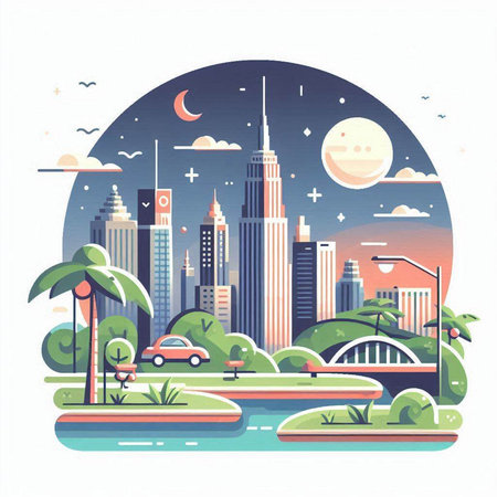 Cityscape with skyscrapers, river and palm trees. Vector illustrationのイラスト素材