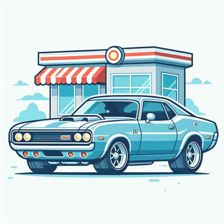 Retro american car with store on background. Vector illustration.のイラスト素材