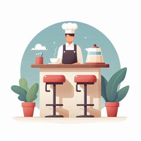 Restaurant barista serving coffee. Vector illustration in flat styleのイラスト素材