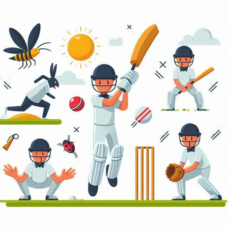 Cricket game vector illustration. Cartoon set of cricket bats, balls, helmet, bat, ball.のイラスト素材