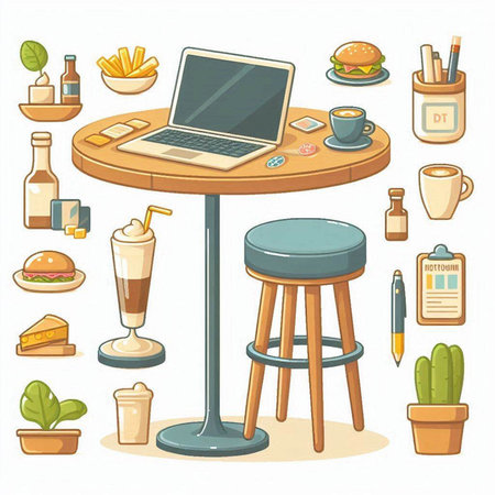 Vector illustration of a table with a laptop, coffee and snacks.のイラスト素材