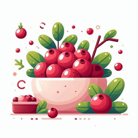 Cranberry vector illustration. Fresh berries in a bowl with green leaves.のイラスト素材