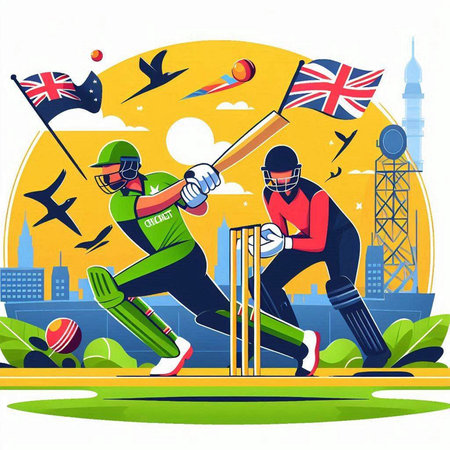 Cricket players in action on the field. Vector illustration.のイラスト素材