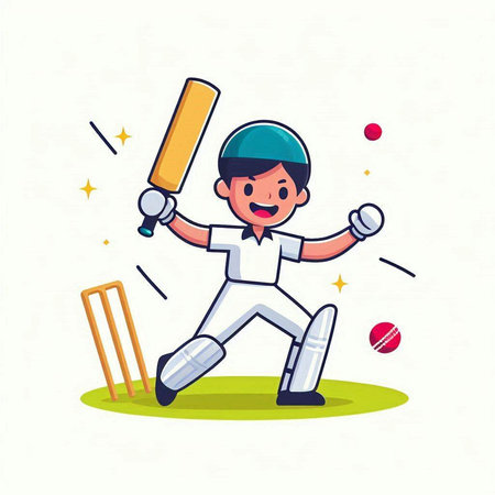 Cricket player cartoon vector illustration. Cute boy playing cricketのイラスト素材