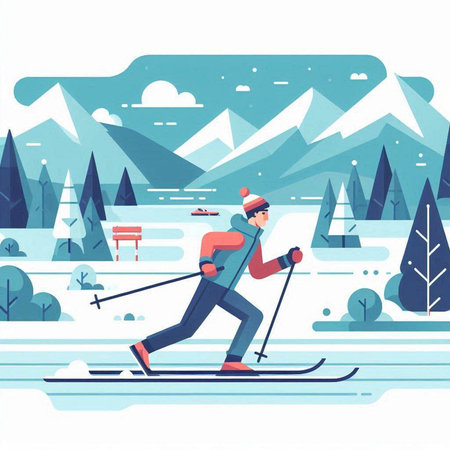Man skiing in winter forest flat vector illustration. Winter sport activity, outdoor activities.のイラスト素材